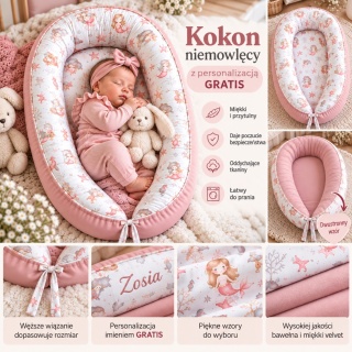 Kokon niemowlęcy - różowy w syrenki - z personalizacją GRATIS
