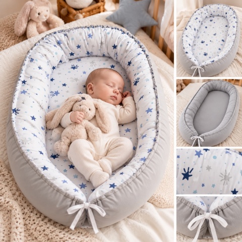 Kokon niemowlęcy w gwiazki niebieskie i szare z personalizacją