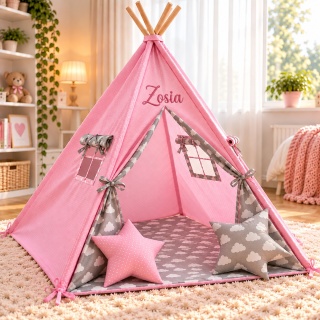 Namiot Tipi dla dzieci - różowy w chmurki - Personalizacja GRATIS