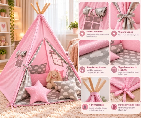 Namiot Tipi dla dzieci - różowy w chmurki - Personalizacja GRATIS