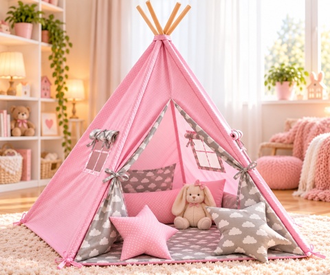 Namiot Tipi dla dzieci - różowy w chmurki - Personalizacja GRATIS