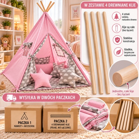 Namiot Tipi dla dzieci - różowy w chmurki - Personalizacja GRATIS