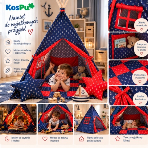 Namiot Tipi dla dzieci - kotwice granatowo-czerwone - Personalizacja GRATIS