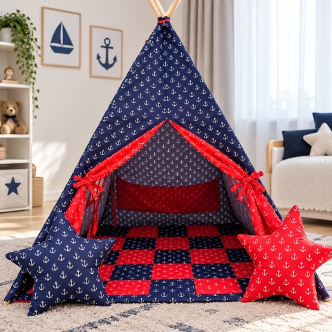 Namiot Tipi dla dzieci - kotwice granatowo-czerwone - Personalizacja GRATIS