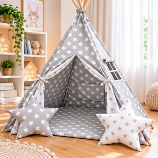 Namiot Tipi dla dzieci – szary w gwiazdki z okienkiem, matą i poduszkami