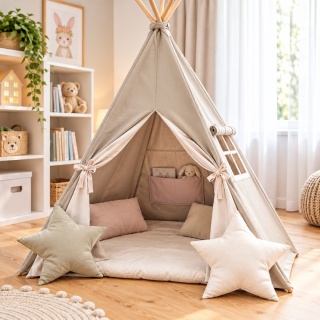 Namiot Tipi dla dzieci – szary z pudrowym różem, okienkiem i kieszonką, personalizacja GRATIS