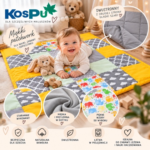 Dwustronny patchwork dla dziecka - wzór słoniki i chmurki
