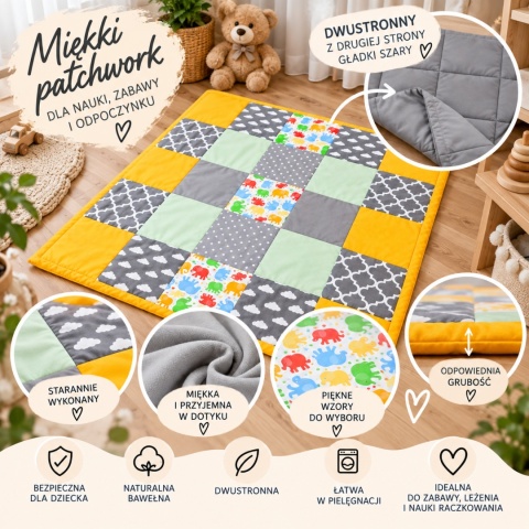 Patchwork dla niemowląt - miekka mata z kolorowym wzorem słoników