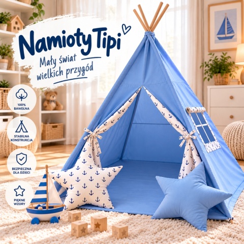 Niebieski namiot tipi dla dziecka - przytulne miejsce do zabawy