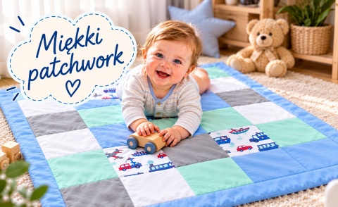 Patchwork dla dziecka - niebieski wzór z kolorowymi samochodami
