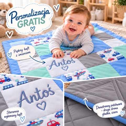 Patchwork dla dziecka z personalizowanym haftem imienia - Antoś