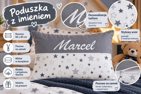 Personalizowana poduszka z imieniem Marcel 60x40 cm – poszwa na zamek i wkład